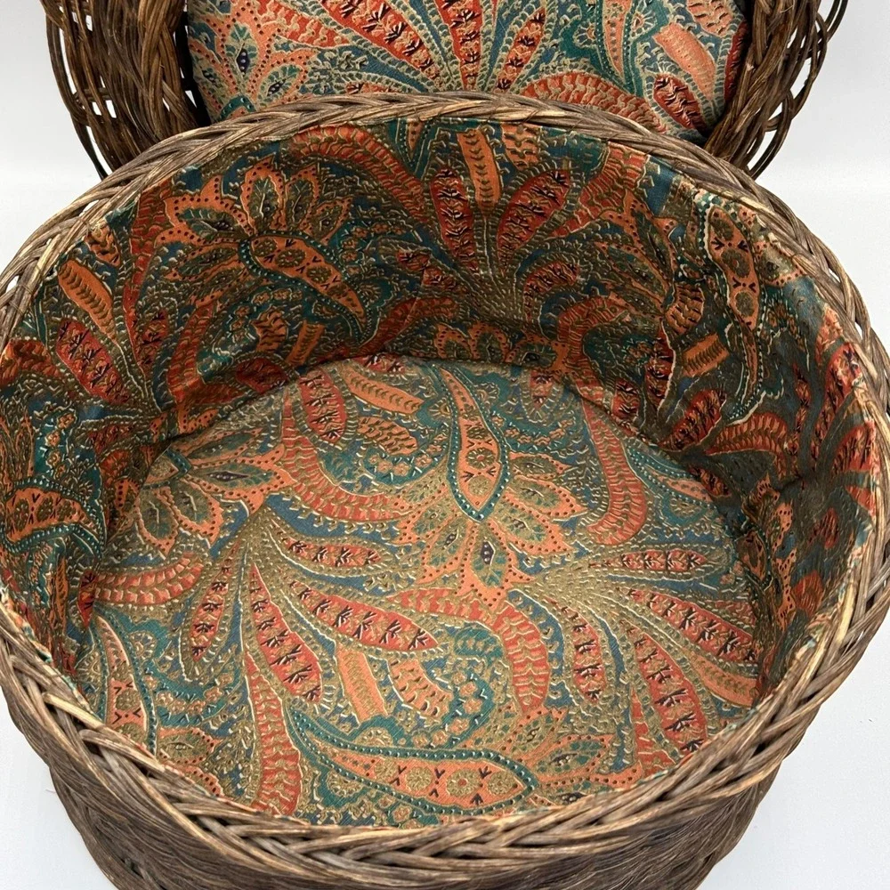 Vintage Round Wicker Sewing Basket Paisley Fabric Lining Dark Brown Storage Lid